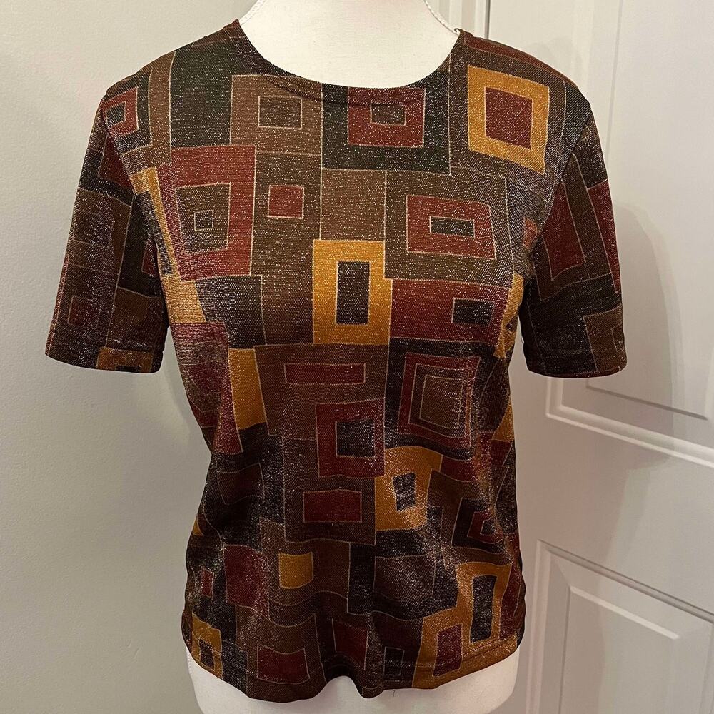 Vintage 80's Brown Geometric Square Metallic Short Sleeve Shirt Vue Point Size M
